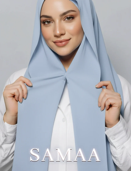 Woman wearing a light blue hijab with 'SAMA' branding on a gray background